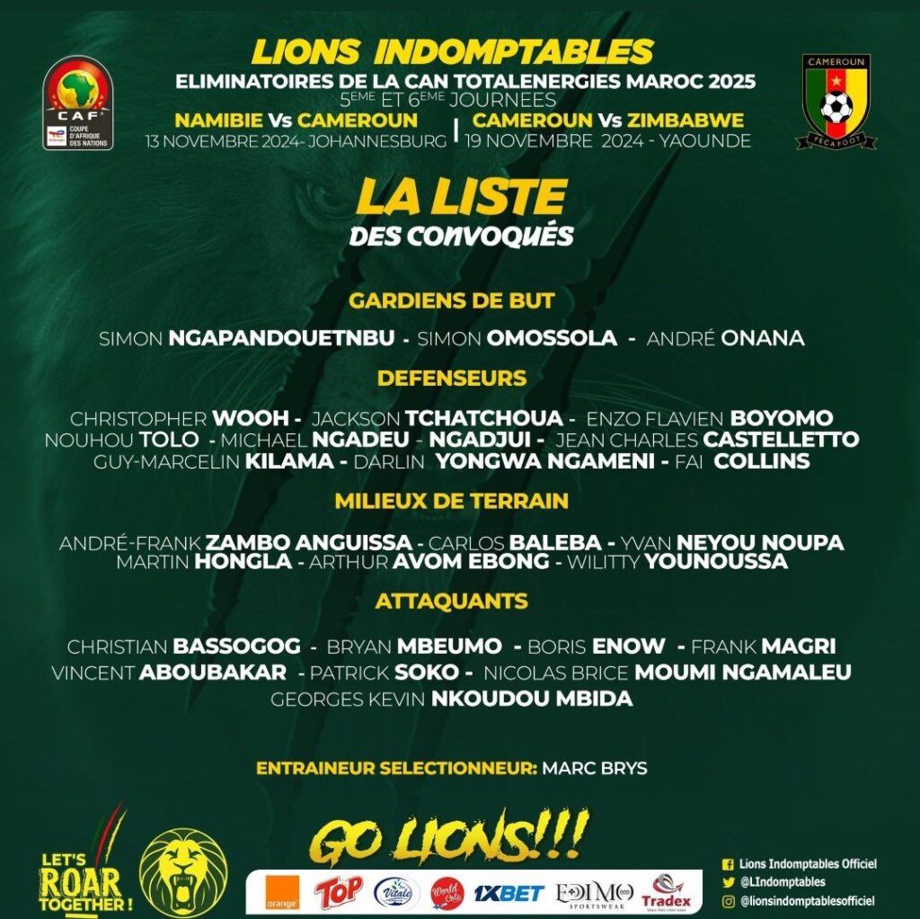 Cameroun : la liste de Marc Brys avec Avom et Younoussa, mais sans Namasso